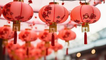ai generato Cinese lanterne illuminare il notte, simboleggiante vivace cultura e tradizione generato di ai foto