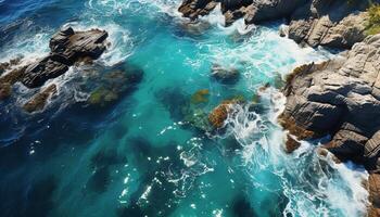 ai generato maestoso onda rottura su roccioso costa, naturale bellezza generato di ai foto