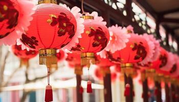 ai generato Cinese lanterne illuminare il notte, simboleggiante vivace tradizioni e fortuna generato di ai foto
