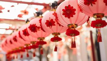 ai generato Cinese lanterne sospeso nel chinatown illuminare il vivace celebrazione generato di ai foto