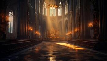 ai generato maestoso Cattedrale, illuminato macchiato bicchiere, antico Gotico architettura generato di ai foto