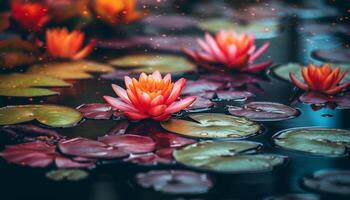 ai generato loto fiore fiorire galleggiante su tranquillo stagno generato di ai foto