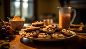 ai generato fatti in casa cioccolato patata fritta biscotti su rustico di legno tavolo generato di ai foto