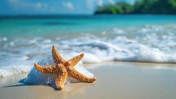 ai generato tropicale sabbioso spiaggia, oceano onde, e un' solitario stella marina. ai generato foto