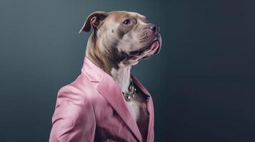 ai generato un' fossa Toro trasuda eleganza nel un adorabile rosa completo da uomo, un' commovente e elegante canino moda dichiarazione, ai generato. foto