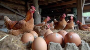 ai generato fresco uova si riunirono a il azienda agricola, evidenziazione localmente prodotta pollo e uova, ai generato foto
