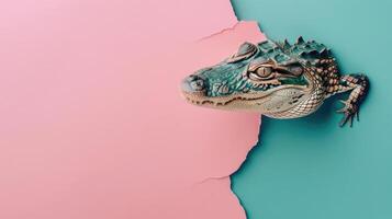 ai generato un' umoristico alligatore colleghi attraverso un' strappato buco nel un' contrasto pastello colore carta sfondo, ai generato foto