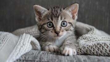 ai generato adorabile gatto salotti su grigio divano. ai generato. foto