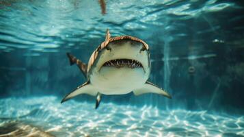 ai generato divertente subacqueo scena squalo nel piscina giochi in profondità tuffo azione, ai generato. foto