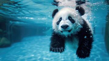 ai generato divertente subacqueo scena panda nel piscina giochi in profondità tuffo azione, ai generato. foto