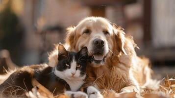 ai generato commovente vista di un' cane e gatto giocando insieme all'aperto, promuovere amicizia e la gioia. ai generato. foto