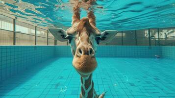 ai generato divertente subacqueo scena giraffa nel piscina giochi in profondità tuffo azione, ai generato. foto