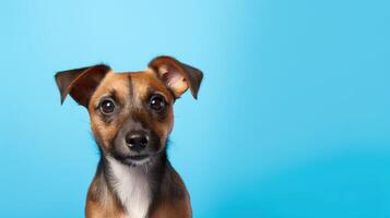 ai generato ute piccolo cane con Marrone cerotti seduta contro un' luminosa blu sfondo, ai generato. foto