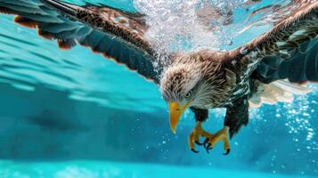 ai generato divertente subacqueo scena aquila nel piscina giochi in profondità tuffo azione, ai generato. foto