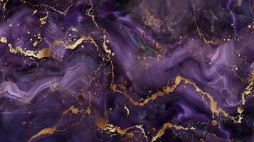 ai generato oro spruzzi adornano un astratto viola marmo struttura, ai generato. foto