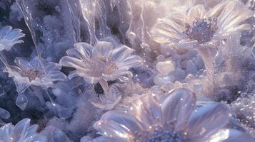 ai generato un' inverno Paese delle meraviglie ornato con gelido ghiaccio fiori, delicato neve, e scintillante cristalli un' sereno capolavoro. ai generato foto