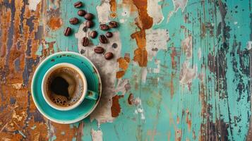 ai generato caffè espresso caffè tazza circondato di fagioli su un' Vintage ▾ tavolo, invitante un' accogliente momento. ai generato. foto