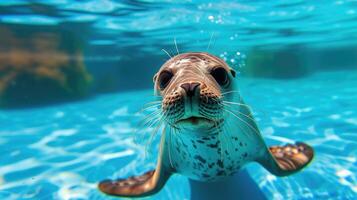 ai generato divertente subacqueo scena foca nel piscina giochi in profondità tuffo azione, ai generato. foto