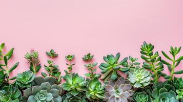 ai generato succulente disposte contro un' rosa sfondo, offerta copia spazio per testo. ai generato. foto