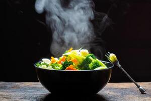 il vapore a partire dal il verdure carota broccoli cavolfiore su nero ciotola, un' ciotola di caldo cibo su legna tavolo su nero sfondo foto