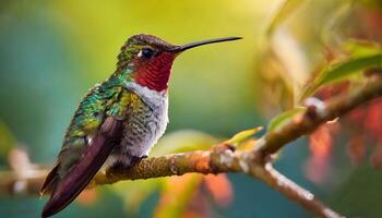 ai generato rosso colibrì avvicinamento riposo su albero ramo foto