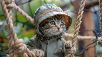 ai generato avventuroso gattino nel un' giungla esploratore attrezzatura foto