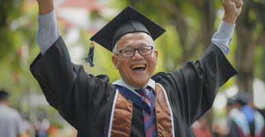 ai generato un' anziano uomo celebra il suo la laurea, Abbracciare una persona il realizzazione di per tutta la vita apprendimento e personale crescita foto