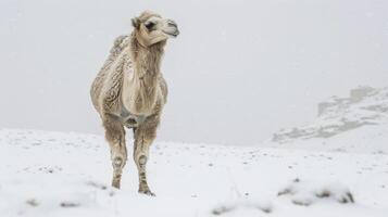 ai generato arabo cammello in piedi maestosamente nel il neve foto