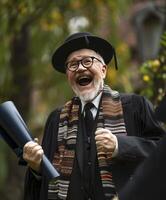 ai generato un' anziano uomo celebra il suo la laurea, Abbracciare una persona il realizzazione di per tutta la vita apprendimento e personale crescita foto