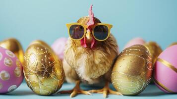 ai generato contento Pasqua concetto pollo indossare occhiali da sole foto