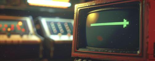 ai generato retrò gioco vibrazioni. avvicinamento di anni ottanta ispirato consolle portico video gioco su un' Vintage ▾ tv schermo. giocatore anticipa nuovo livello come verde progresso bar si sposta. foto