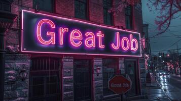 ai generato grande lavoro nel abbagliante neon scritte, un' raggiante testamento per lode per esemplare opera fatto foto