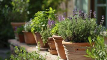 ai generato erbaceo porto. la creazione di un' giardino oasi di organizzazione erbe aromatiche nel rustico terracotta pentole. foto