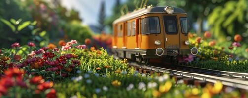 ai generato urbano oasi. la metropolitana treno volo a vela su brani, circondato di fiori e verde erba, la creazione di un inaspettato porto nel il cuore di il città. foto