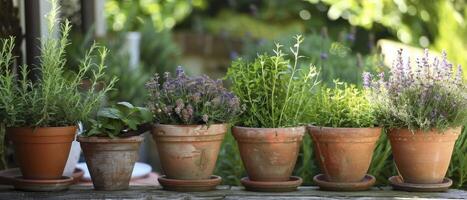 ai generato erbaceo porto. la creazione di un' giardino oasi di organizzazione erbe aromatiche nel rustico terracotta pentole. foto