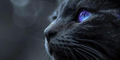 ai generato enigmatico eleganza. un' nero gatto con penetrante viola-blu occhi, illuminato nel un' nero e bianca atmosfera, radiante mistero e adornare. foto