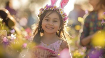 ai generato un' ragazza sorrisi e indossare colorato fiori su sua testa durante un all'aperto Festival nel primavera foto