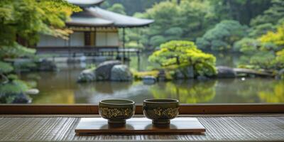 ai generato sereno tradizione. tradizionale giapponese tè cerimonia impostato nel un' tranquillo giardino ambientazione, immergere partecipanti nel un' culturale rituale di tè apprezzamento e armonia con natura. foto