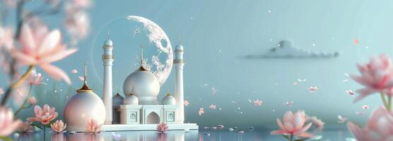 ai generato moschea e Luna con fiori contro blu sfondo foto