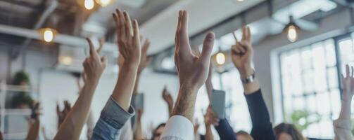 ai generato mani sollevato nel celebrazione. partecipanti nel il conferenza camera con gioia hold su loro mani per celebrare successo e risultato. foto