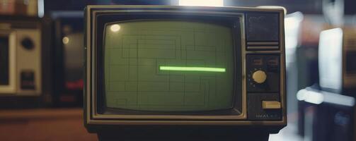 ai generato retrò gioco vibrazioni. avvicinamento di anni ottanta ispirato consolle portico video gioco su un' Vintage ▾ tv schermo. giocatore anticipa nuovo livello come verde progresso bar si sposta. foto