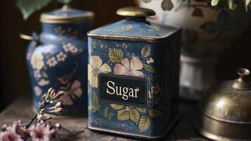 ai generato rinascere tradizione, classico tè antico lattina reinventato come zucchero contenitore foto
