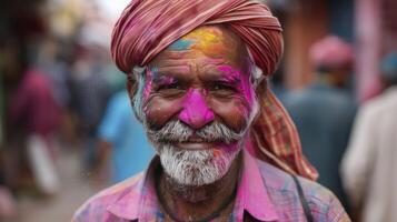 ai generato un' uomo con holi polvere, contento holi concetto foto