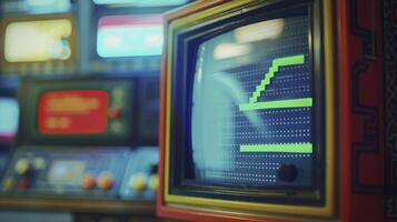 ai generato retrò gioco vibrazioni. avvicinamento di anni ottanta ispirato consolle portico video gioco su un' Vintage ▾ tv schermo. giocatore anticipa nuovo livello come verde progresso bar si sposta. foto