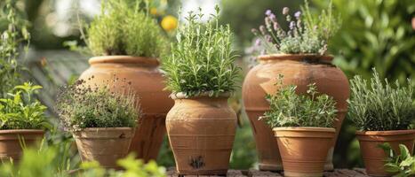 ai generato erbaceo porto. la creazione di un' giardino oasi di organizzazione erbe aromatiche nel rustico terracotta pentole. foto