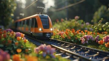 ai generato urbano oasi. la metropolitana treno volo a vela su brani, circondato di fiori e verde erba, la creazione di un inaspettato porto nel il cuore di il città. foto