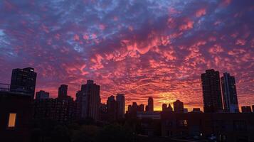 ai generato drammatico tramonto al di sopra di il città orizzonte con grattacieli. foto