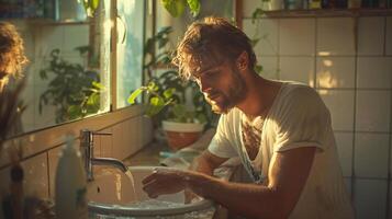 ai generato giovane uomo lavaggio il suo mani con sapone nel il bagno a casa. foto