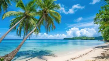 ai generato un' tropicale spiaggia Visualizza sotto ondeggiante palme. ai generato foto