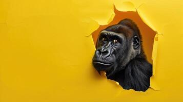 ai generato un' umoristico gorilla colleghi attraverso un' strappato buco nel un' contrasto pastello colore carta sfondo, ai generato foto